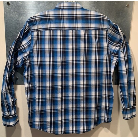 7 DIAMONDS Blue Plaid Button Flap Pocketed Long Roll Tab Sleeves XXL Shirt - Picture 4 of 16